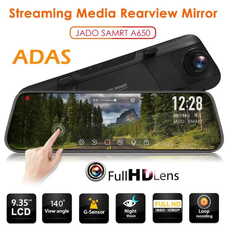 

JADO A650 Stream Media ADAS Car Rear View Mirror DVR Dashcam Camera 9.35" IPS Touch Screen Full HD 1080P Night Vision Dash Cam