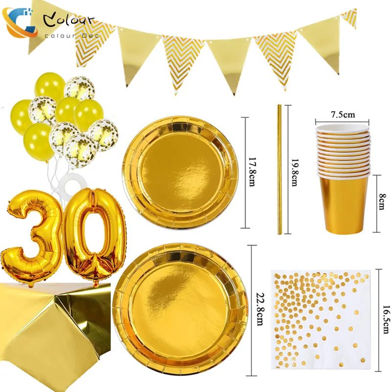 Hot Stamping Plates Disposable Golden Cups Paper Napkins Party Happy Birthday Decor Adult Wedding Dishes Tableware | Дом и сад