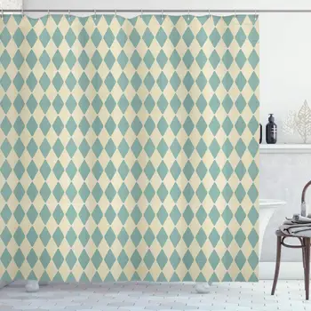 

Geometric Shower Curtain, Rhombus Pattern with Retro Design Inspirations Vintage Argyle Arrangement, Cloth Fabric Bathroom Decor