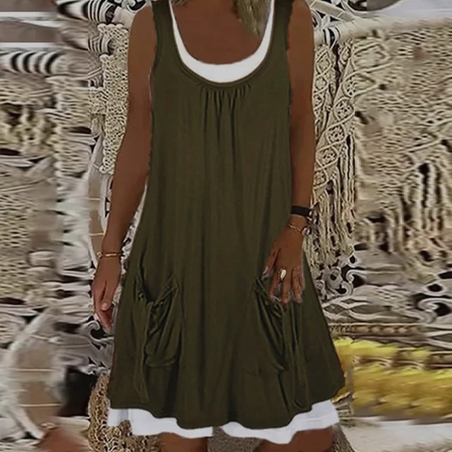 Summer Patchwork Short Dress Women 2021 Casual O Neck Pocket Party Dress Ladies Sleeveless Loose Beach Dresses Plus Size 05