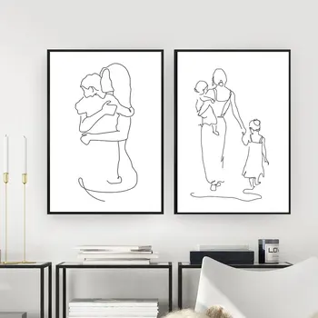 

Mother and Daughters Son Art Line Drawing Posters Abstract Minimalist Wall Art Canvas Print Painting Moder Decorative Pictures