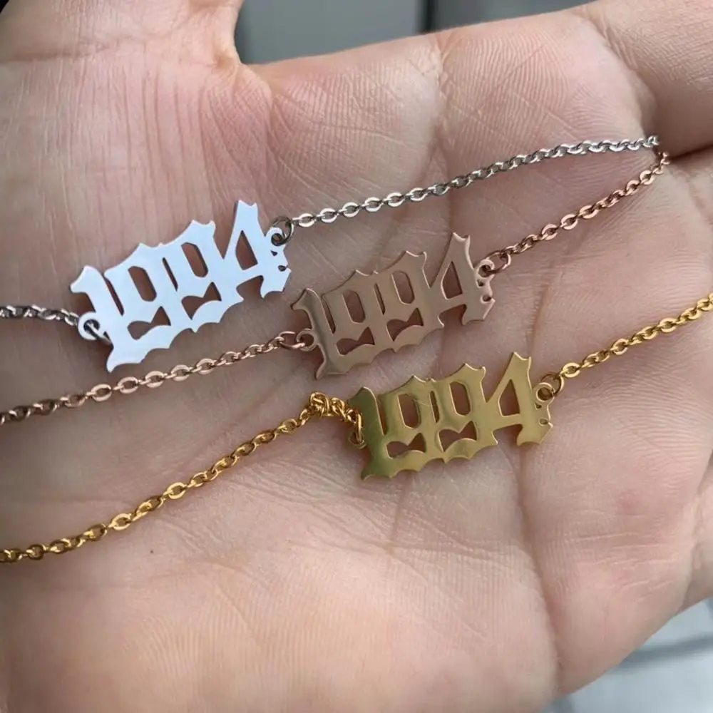 

Number Gold Bracelet Old English Number Bracelet for Women 1995 1996 1997 1998 1999 Custom Stainless Steel Bracelet Gift for Her