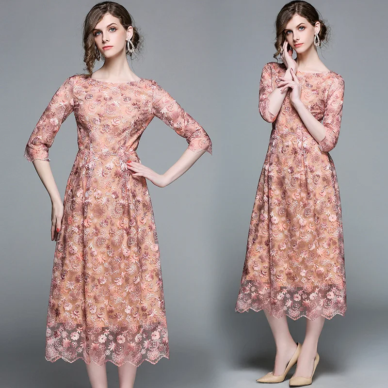 

Photo Shoot 2018 Spring New Style Europe And America Origional WOMEN'S Dress Embroidery A- line Skirt Slimming Graceful Full Bod