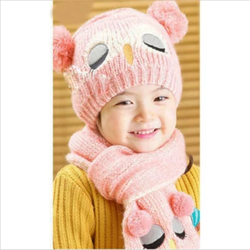 

2020 Warm Beanies Hat For Girl Ring Scarf Pompoms Winter Hats Knitted Caps Scarf 2 Pieces Fashion Winter Hat Scarf Set For child