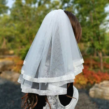 

short woman bridal veil soft Tulle ivory simple two layers Wedding Veils with shiny Edge Wedding dress accessories with comb