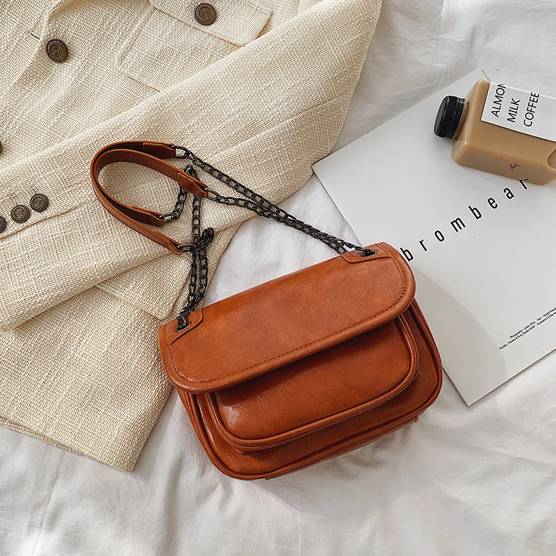 Small Brown Простые одноцветные сумки через плечо из искусственной кожи для женщин сумка через плечо с цепочкой модные женские сумки - Цвет: Small Brown