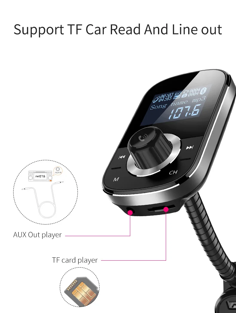 Большой экран Bluetooth Hands-free автомобильный комплект MP3 Hands-Free Звонки fm-передатчик карта инстерт USB накопитель играть USB QC3.0 Быстрая зарядка