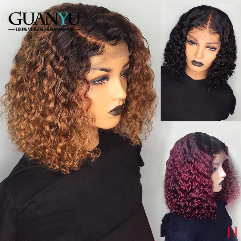 

Burgundy Curly Bob Wig Human Hair 150% Density Brazilian Remy 13X4 Ombre 1B 99J Honey Blonde Lace Front Wig