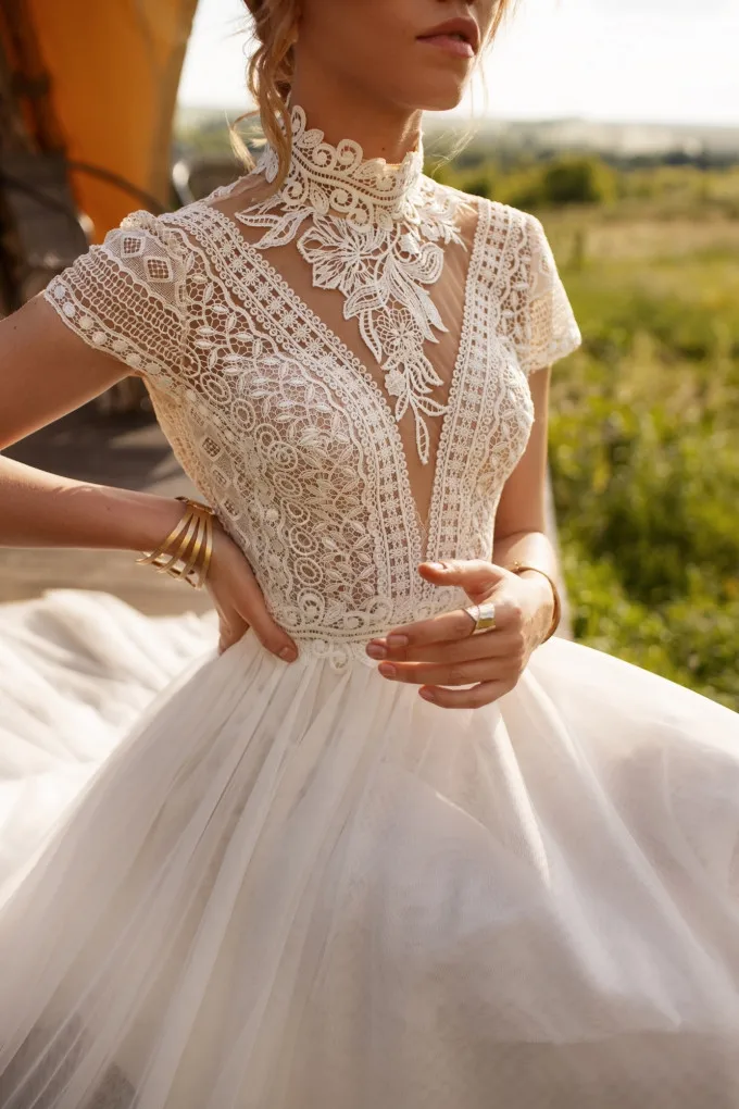 Boho Lace Tulle Wedding Dress wedding dresses