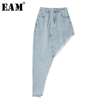 

[EAM] High Waist Blue Denim Irregualr Split Joint Temperament Half-body Skirt Women Fashion Tide New Spring Summer 2020 1X542