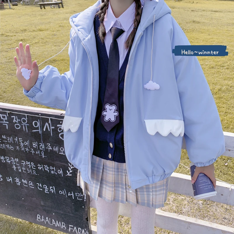 

New Japanese Sweet Cotton Padded Jacket Winter Kawaii Cute Lolita Coat Pink Sky Blue Student Cosplay Anime Loli Fashion Clothes
