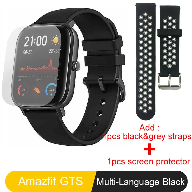 Глобальная версия Amazfit GTS Смарт-часы 5ATM водонепроницаемые плавательные умные часы 14 дней батарея управление музыкой для телефона Xiaomi IOS - Цвет: Add BlackGrey Strap