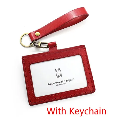 Ремешок для ID бейджа, чехол из чистой натуральной кожи, держатель для кредитных/автобусных карт, аксессуары, брелок, топ из воловьей кожи, кошелек для монет и ID - Цвет: Red-Keychain