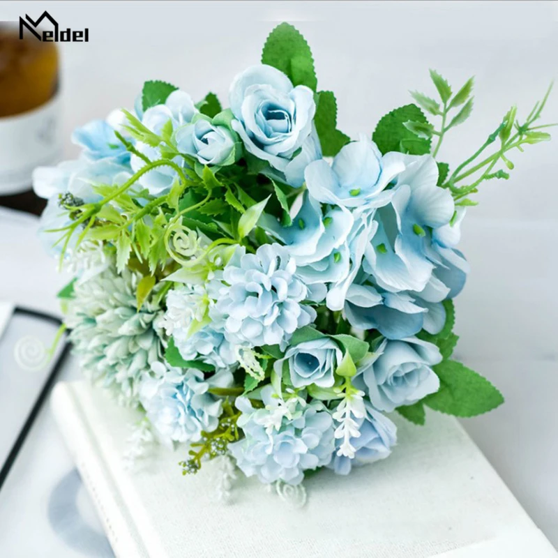 rose-blue Meldel искусственный цветок букет 7 голов цветы гортензии искусственный букет Шелк Цветущая Роза Пион помпон невесты свадебное украшение - Цвет: rose-blue
