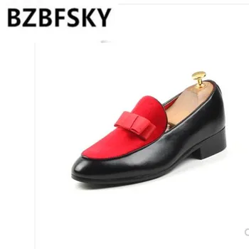 

M-anxiu Men Formal Shoes Bowknot Wedding Dress Male Flats Gentlemen Casual Slip on Shoes Black Patent Leather Red Suede Loafers