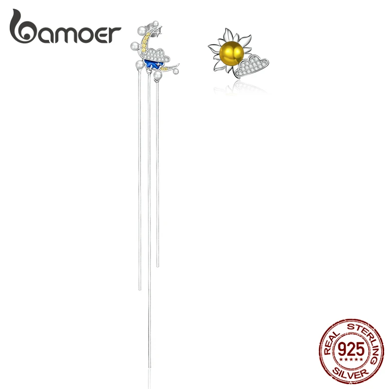 

bamoer Original Design Moon & Star Asymmetrical Earrings Long Tassel Drop Earrings for Women 925 Sterling Silver Jewelry BSE379