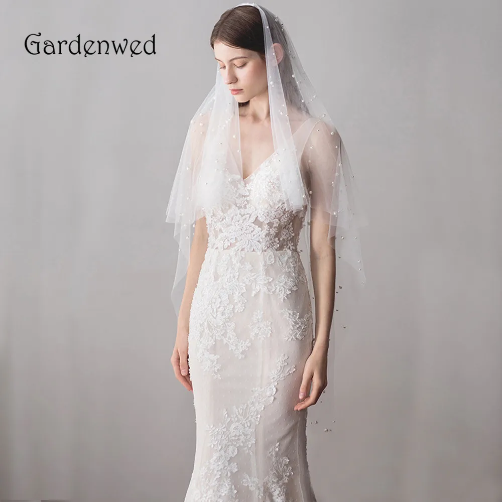 

Gardenwed Women Bridal Wedding Veil Elbow Length Pearls Beaded Tulle Wedding Accessories Sheer Veils Marriage