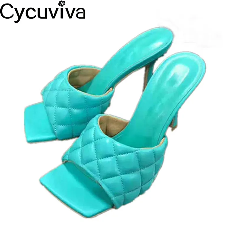 Chic Rhombus Genuine Leather Slippers Classic Square Toe High Heels Summer Sandals Femme Sexy Runway Party Shoes Woman | Обувь
