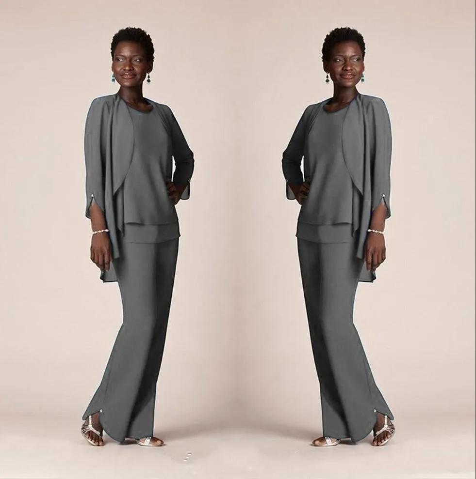 Серый В африканском стиле, серый шифоновый костюм из трех предметов для мамы и невесты, брюки с курткой, свободные прямые современные торжественные платья с длинными рукавами - Цвет: Серый