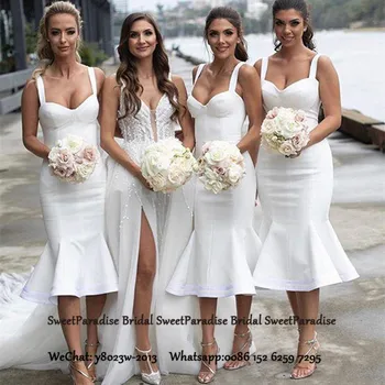 

Ruffles Mermaid Bridesmaid Dresses For Women Tea Length Sweetheart Neck Formal Wedding Guest Dress Party Gown