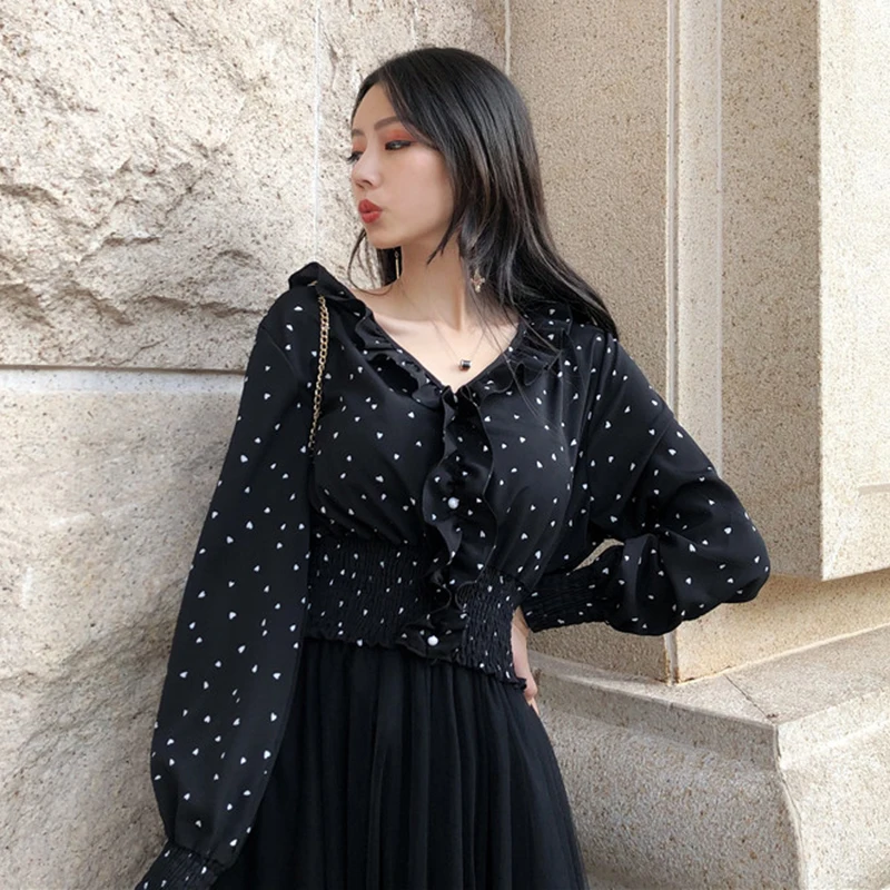 Camisa feminina, весенне-осенняя Женская одежда, корейская мода, шифоновые рубашки с v-образным вырезом, блузка в горошек с оборками, милые блузы, кроп-топы