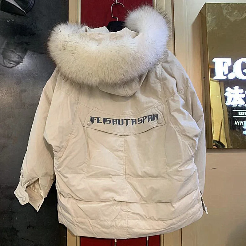Стиль, свободный крой, пуховик, женская мода, с капюшоном, средней длины, большой меховой воротник, повседневное, корейский стиль, зимнее пальто с надписью