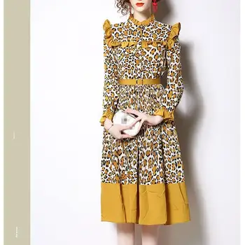 

Women Summer Elegant Leopard Print Chiffon Dress Female Petal Sleeve Midi Dress Elasticity Waist Ruffled Collar Dress