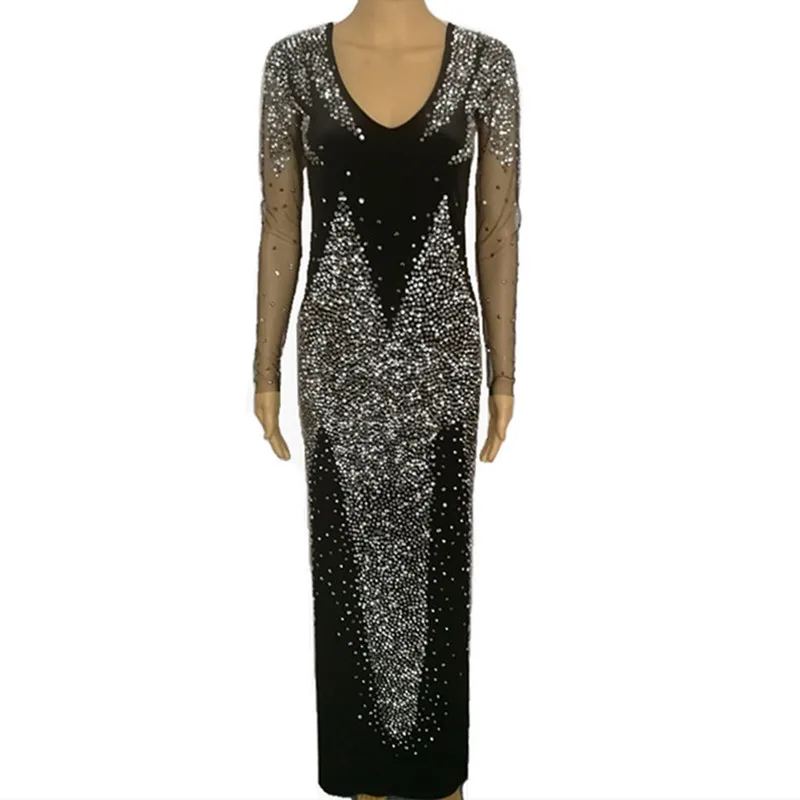 Black Sexy Backless Black Velvet Rhinestones Long Dress Lady Evening Prom Birthday Celebration Dresses Nightclub Singer Dancer Costume - Цвет: Black