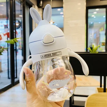 

320ML Cute Rabbit Ear Baby Bottle Anti-fall Wide Neck Natural Nursing Feeding Bottle BPA Free Straw Plastic Cup for Children
