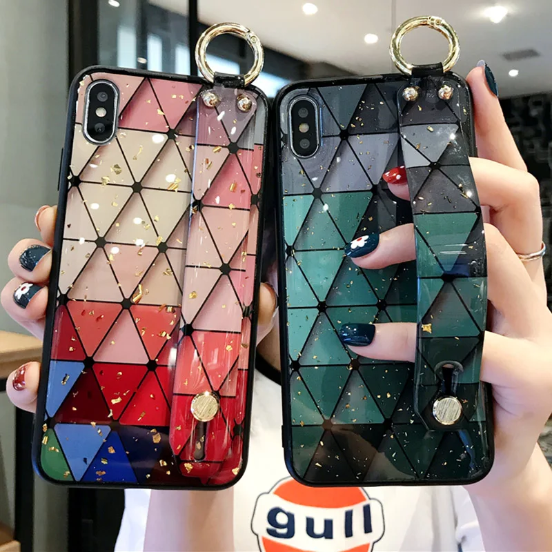 

Geometric Marble Phone Cases For iPhone XR XS Max 6 6S 7 8 Plus X Soft IMD Epoxy gold foil Wriststrap Shockproof Back Cover