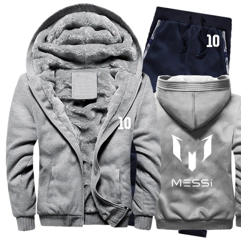 Зимняя мужская толстовка с капюшоном Messi 10 принт мужские s толстовки костюм толстый теплый флис хлопок спортивный костюм на молнии мужская куртка+ брюки комплекты из 2 предметов