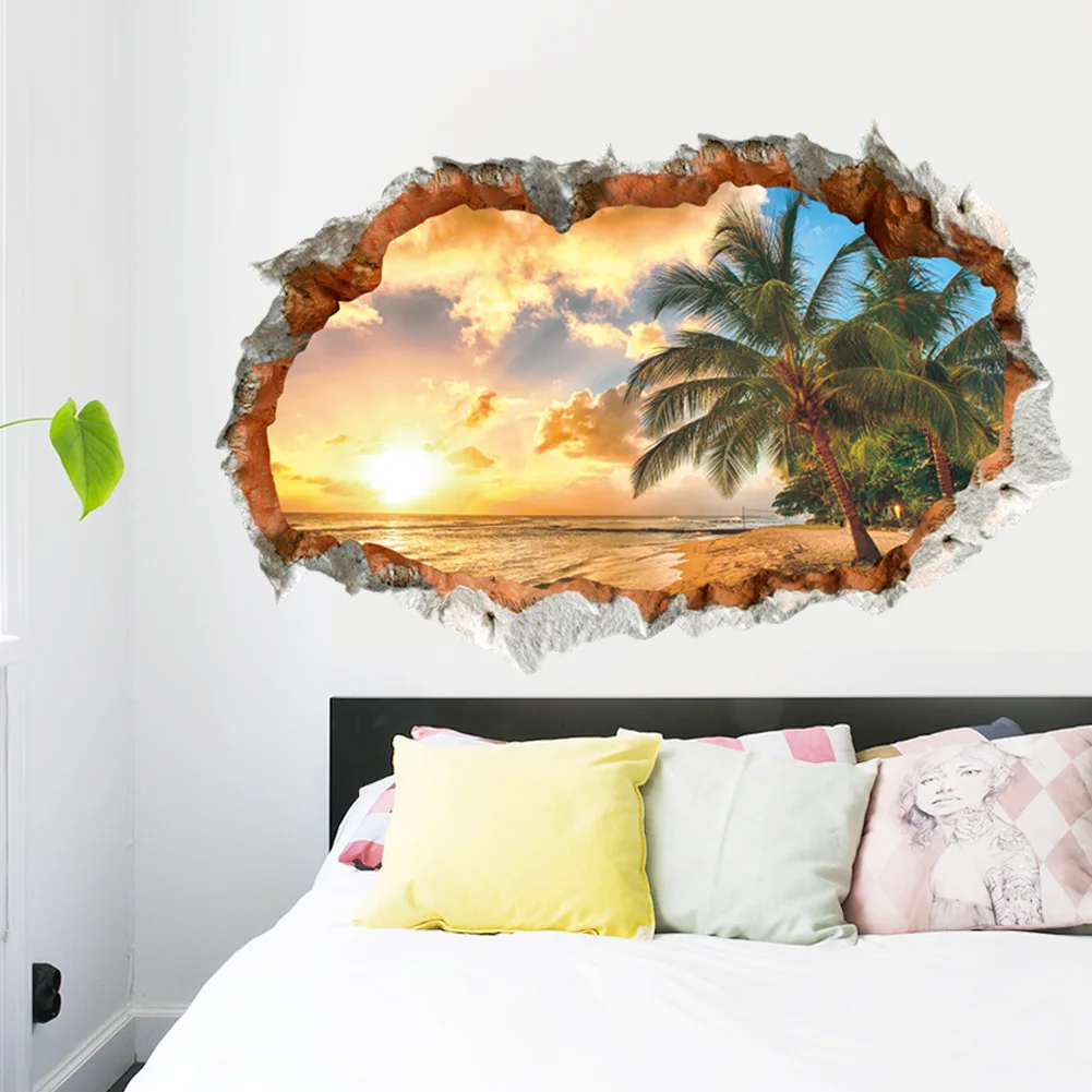 

New broken wall landscape beach tree 3D three-dimensional wall paste living room children's room decoration wall paste