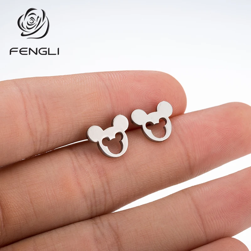 FENGLI полые двойные Микки черные серьги-гвоздики маленькая мышь из нержавеющей стали крошечные Эффектные серьги Минни