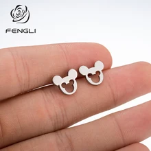 FENGLI полые двойные Микки черные серьги-гвоздики маленькая мышь из нержавеющей стали крошечные Эффектные серьги Минни
