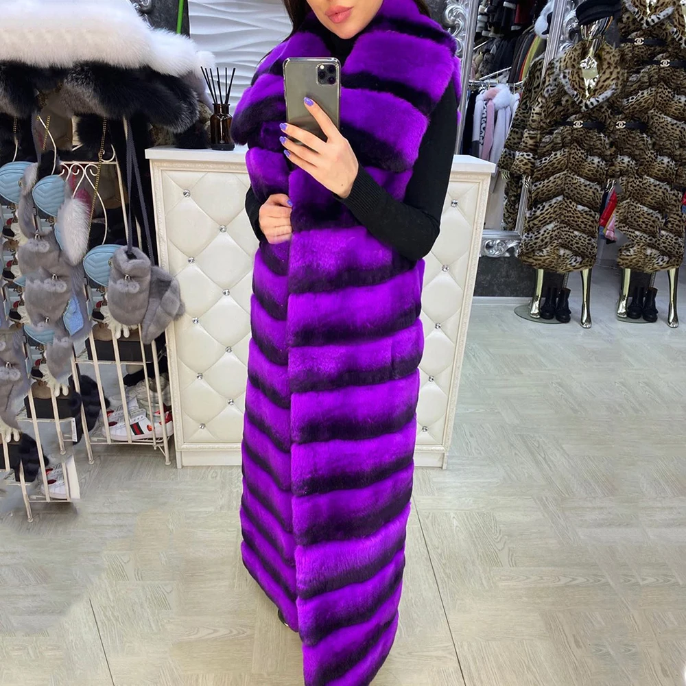 120cm Long Real Rex Rabbit Fur Vest Women Fashion Winter Luxury Overcoat Female Blue Chinchilla Color Rex Rabbit Fur Vests Woman