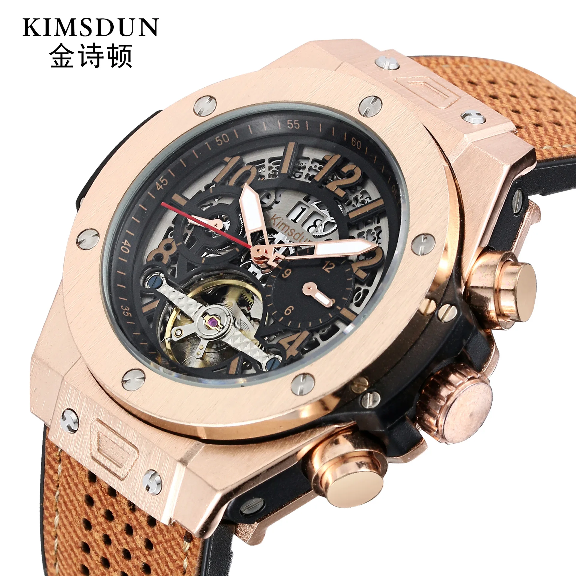 

Hot Selling Gold Liston Genuine Product Leather Belt Tourbillon Fully Automatic Analog Watch Waterproof Night Light Business MEN