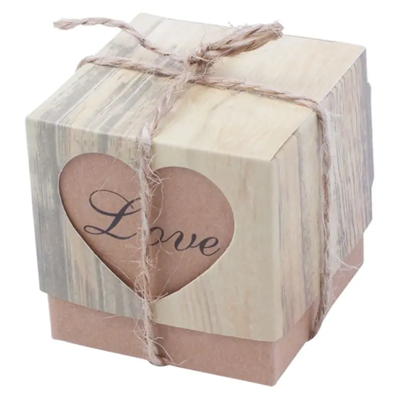 

150 pcs Candy Boxes Love Rustic Kraft paper Bonbonniere Jute Shabby Chic Vintage Twine Wedding Favor Gift Box 5*5*5cm
