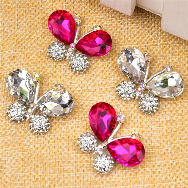 

High quality 2pcs Sew On Crystal Rose Glass Rhinestone Applique butterfly Strass Sewing Crystal Stones For Dress Shoe Crafts