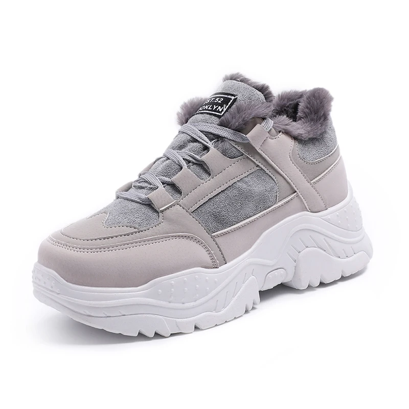 grey plush FUJIN/Женские повседневные кроссовки; зимние кроссовки с Плюшевым Мехом; теплая женская обувь; женские ботинки на шнуровке; женская обувь на платформе - Цвет: grey plush