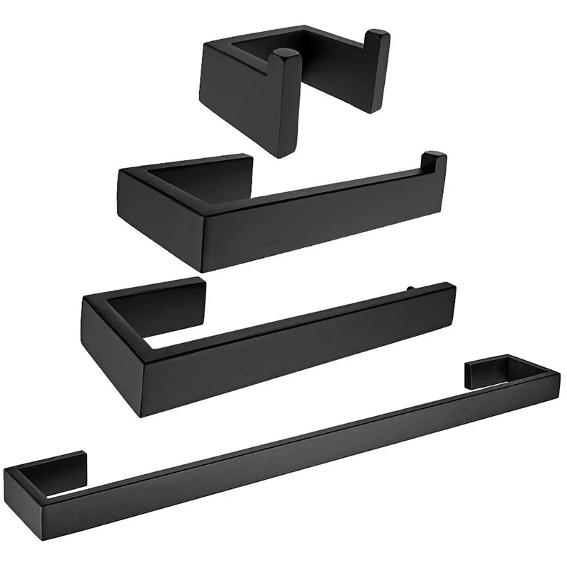 

4Pc Bathroom Accessories Set- Towel Bar, Towel Ring,Toilet Paper Holder,Coat Hook, 304 Stainless Steel Matte Black Finish