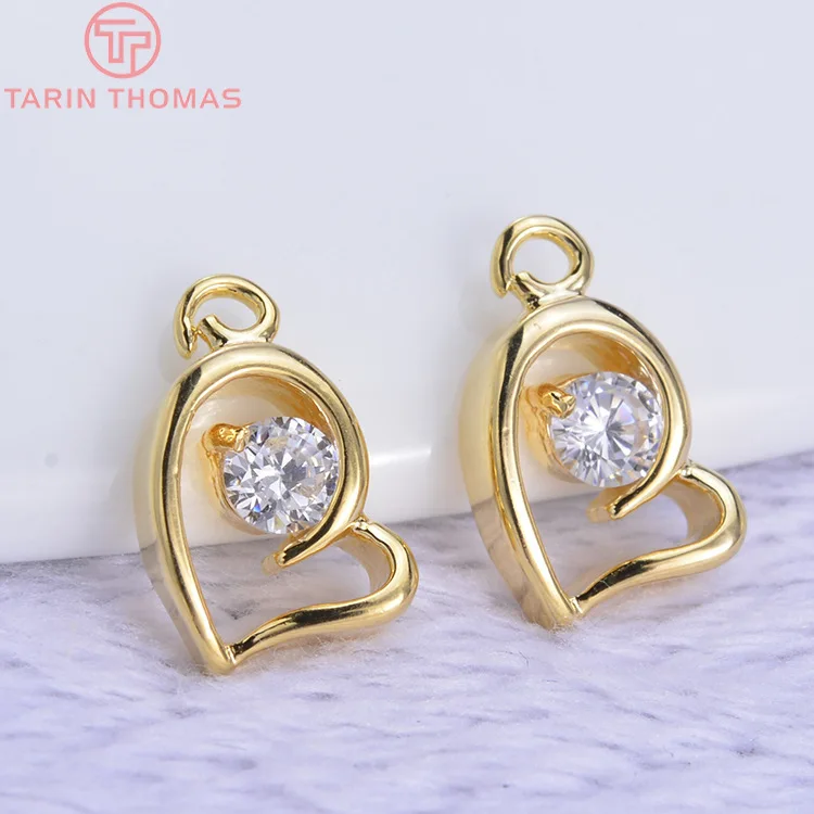 (152) 6PCS 11x7MM 24K Gold Color Plated Brass with Zircon Heart Pendants Charms High Quality DIY Jewelry Making Findings | Украшения и