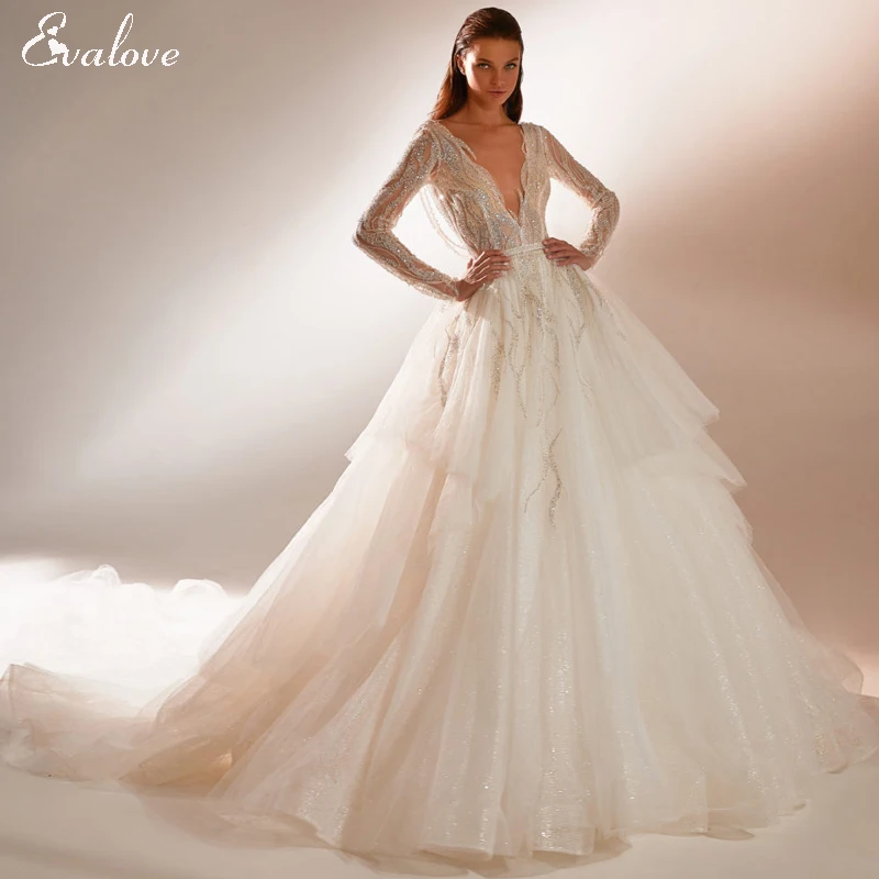 EVALOVE Design Sexy V-Neck Beading Backless A-Line Wedding Dresses 2022 Glamorous Appliques Sparkly Tulle Princess Gown | Свадьбы и