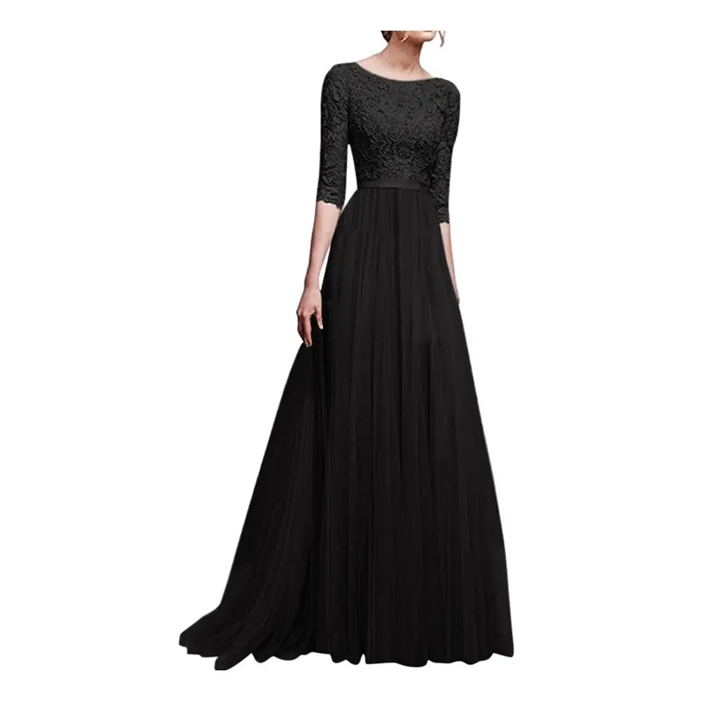 Сексуальное женское платье, женское элегантное платье с круглым вырезом и рукавом средней длины, черные вечерние платья, Дамское свадебное одноцветное платье размера плюс, длинное платье vestidos - Цвет: Черный