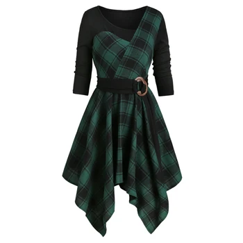 

DRESSFO 2020 Spring Women Casual Plaid Shirt Dress Womne Dress Skew V-Neck Belted Handkerchief Dress Charming Slim Female Dress