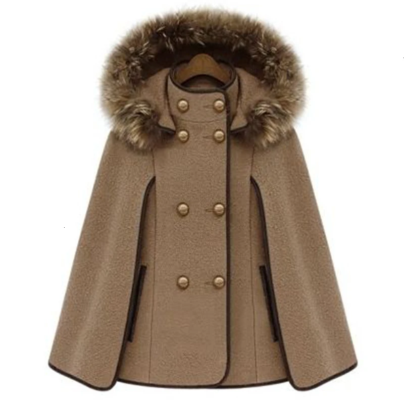 

2019 New Winter Hooded Collar Drop-shoulder Coat Loose Hem Button Splice Woolen Coat Cloak Women Fashion Tide D165
