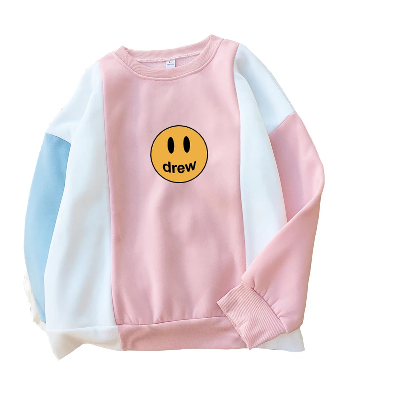 Джастин Бибер, Drew Smil, принт лица, толстовки, Толстовка Kanye West, женские, Harajuku Kawaii, цветные блоки, пэчворк, o-образный вырез, флисовые Топы