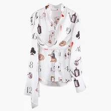 New character printed ribbon palace single breasted long sleeve shirt fashion silky collar S1026 New character printed ribbon palace single breasted long sleeve shirt fashion silky collar S1026