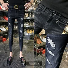 NEW spring autumn skinny strech Casual ripped hole fashion black teenagers hip hop cowboy denim leg jeans men pencil pants