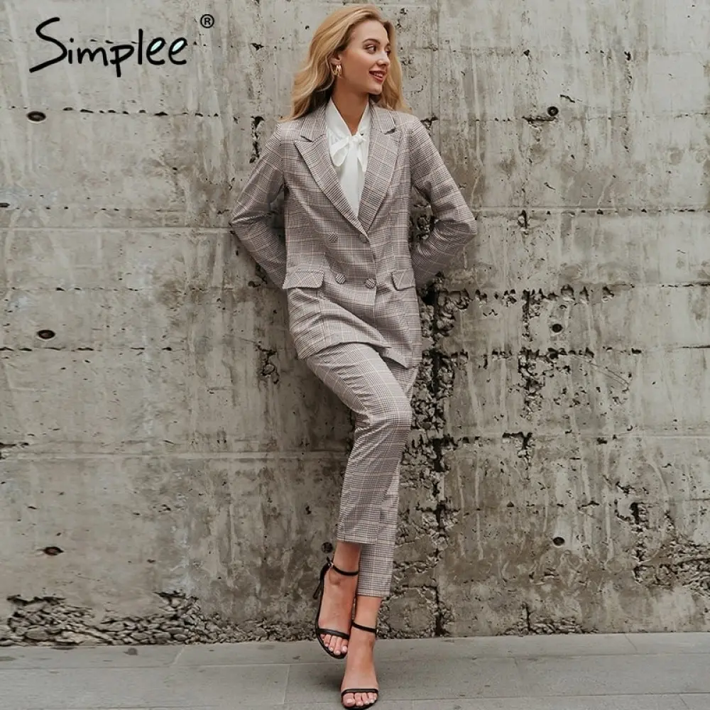 Simplee офисный женский клетчатый Блейзер костюм двубортный с карманами Женский