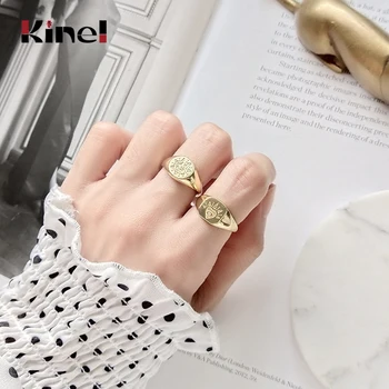 

Kinel 925 Sterling Silver Vintage Pattern Open Ring 18K Gold Round Square Abstract Pattern Eye Of The Devil Rings For Women